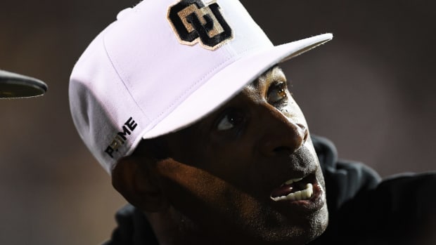 Colorado head coach Deion Sanders gives an interview at halftime during a college football game against Colorado State at Folsom Field on Saturday, Sep. 16, 2023, in Boulder, Colo